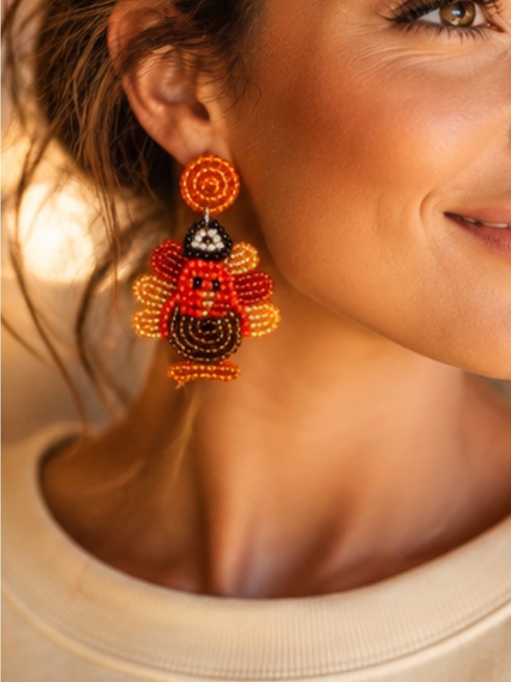 Cute Turkey Seed Beaded Lightweight Turkey Thanksgiving Earring - Picture 3 of 4